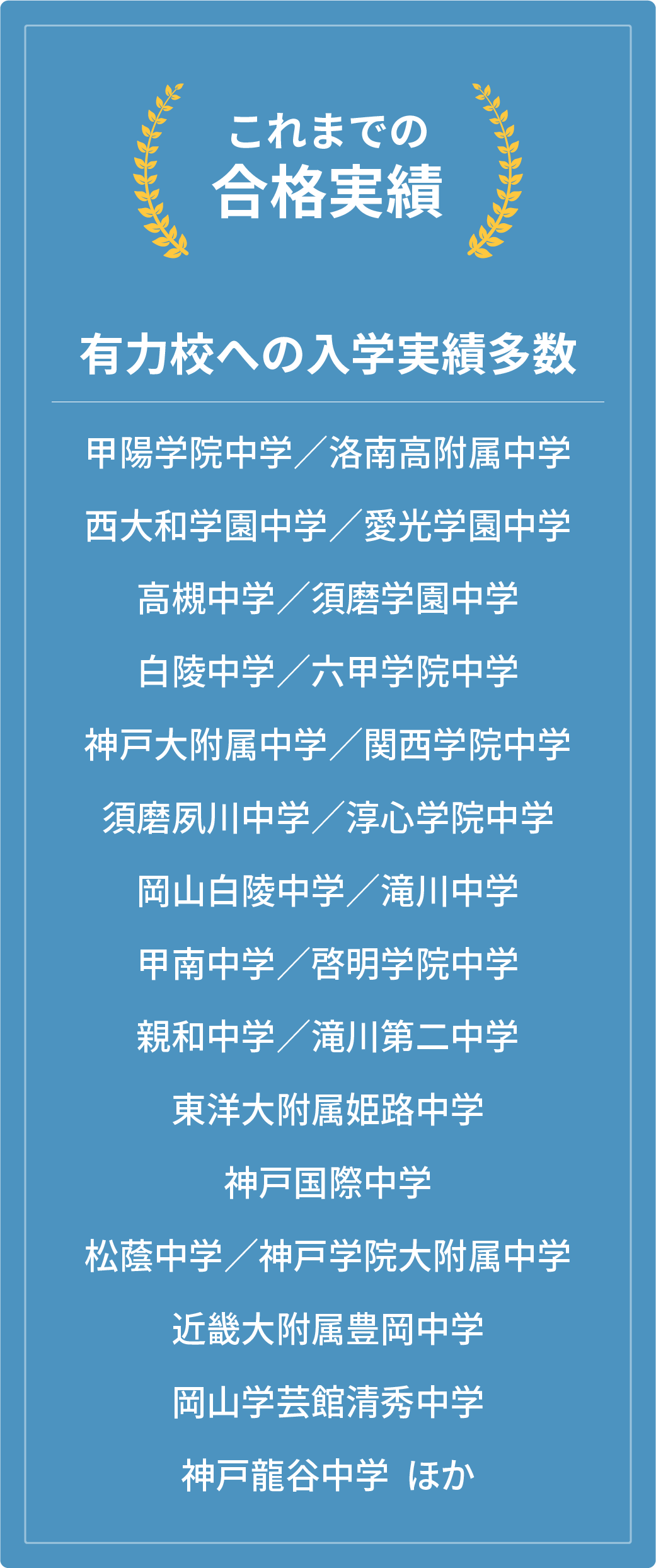 育星塾★PRIMEの中学受験合格実績。甲陽学院、洛南、西大和学園、須磨学園、白陵、神戸大附属、関西学院、東洋大附属姫路など、有力校への入学実績を多数掲載。